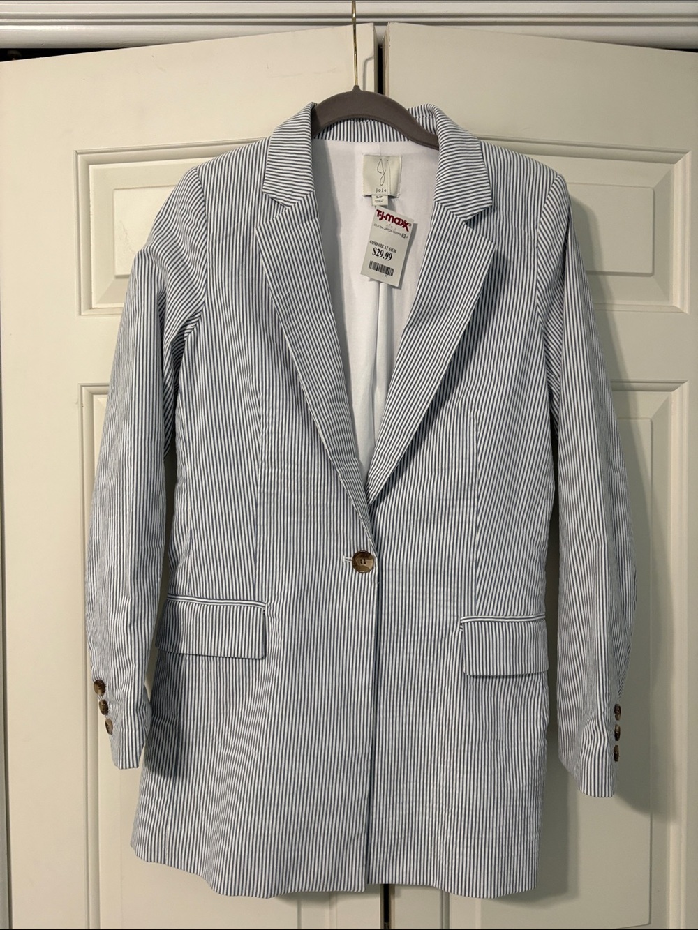 Joie Light Blue and White Striped Seersucker Blazer